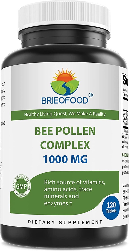 Brieofood Bee Pollen Complex 1000 mg 120 tablettia - valmistettu Bee Pollen, Bee Propolis, & Royal Jelly Powder