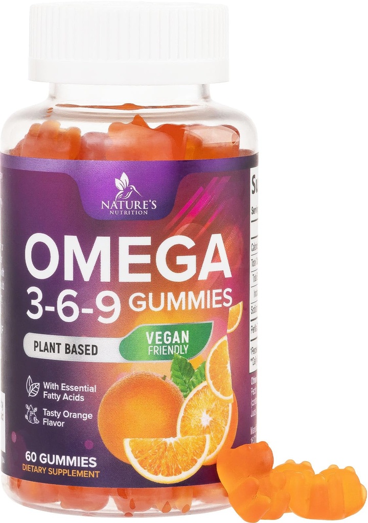 Omega 3 6 9 Gummies - Vegan Omega 3 Supplement Gummy - Essential Fatty Acids Oil 369 Complex Heart Support & Brain Support för kvinnor, män och graviditet, Fish Free Non-GMO, Orange smaksatt - 60 Gummies