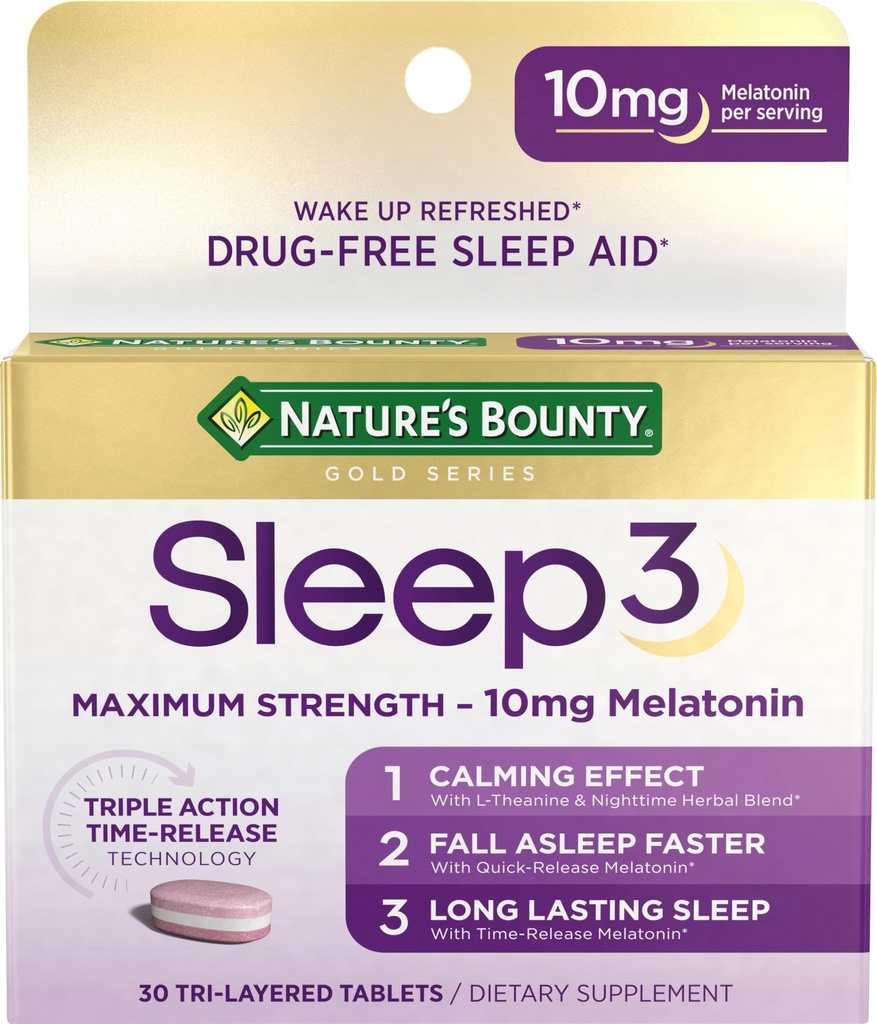Nature's Bounty Melatoniini, Sleep3 Maximum Strength 100% Drug Free Sleep Aid, L-Theanine & Nighttime Herbal Blend Time Release Technology, 10mg, 30 Tri- Layered tablettia