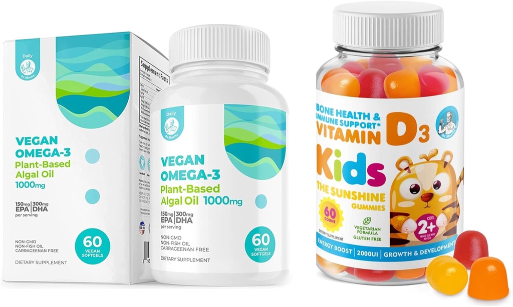 DR. MORITZ D-vitamiini Gummies lapsille ja aikuisille ja Vegan Omega 3 Softgels