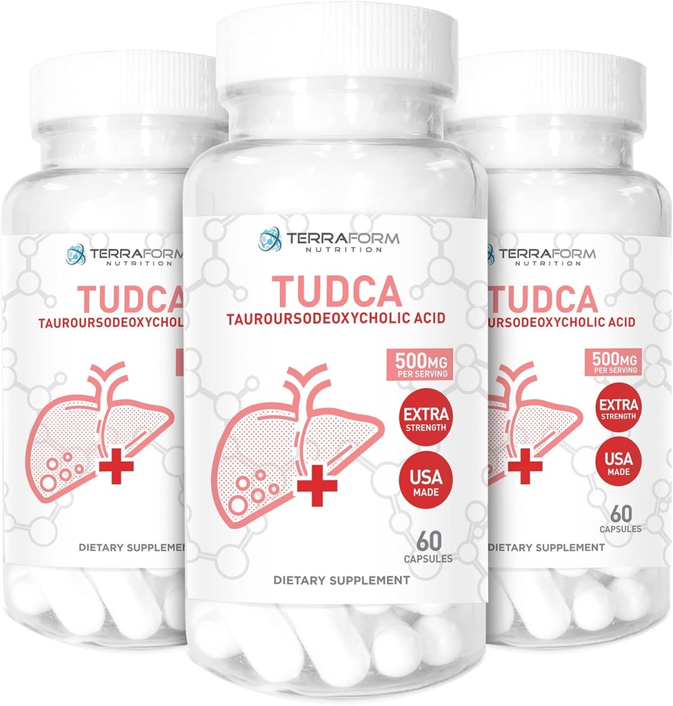 (3 pakkaus) Terraforminen puhdas TUDCA (Taurousodeoksikoolihappo) - 500 mg per tarjoilu - puhdas maksan tuki & terveys - 60 kapselia
