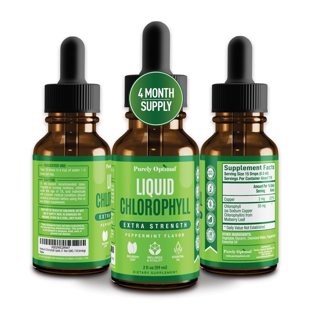 Premium klorofyll flytande droppar - 100% naturlig och glutenfri flytande klorofyll - Icke GMO, 118 portioner