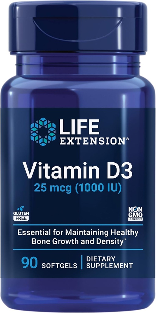 Life Extension Vitamin D3 25 mcg (1000 IE), Immune System Support, Bone Health, Whole-Body Health, Value Size, Gluten-Free, Non-GMO, 90 mjukgels