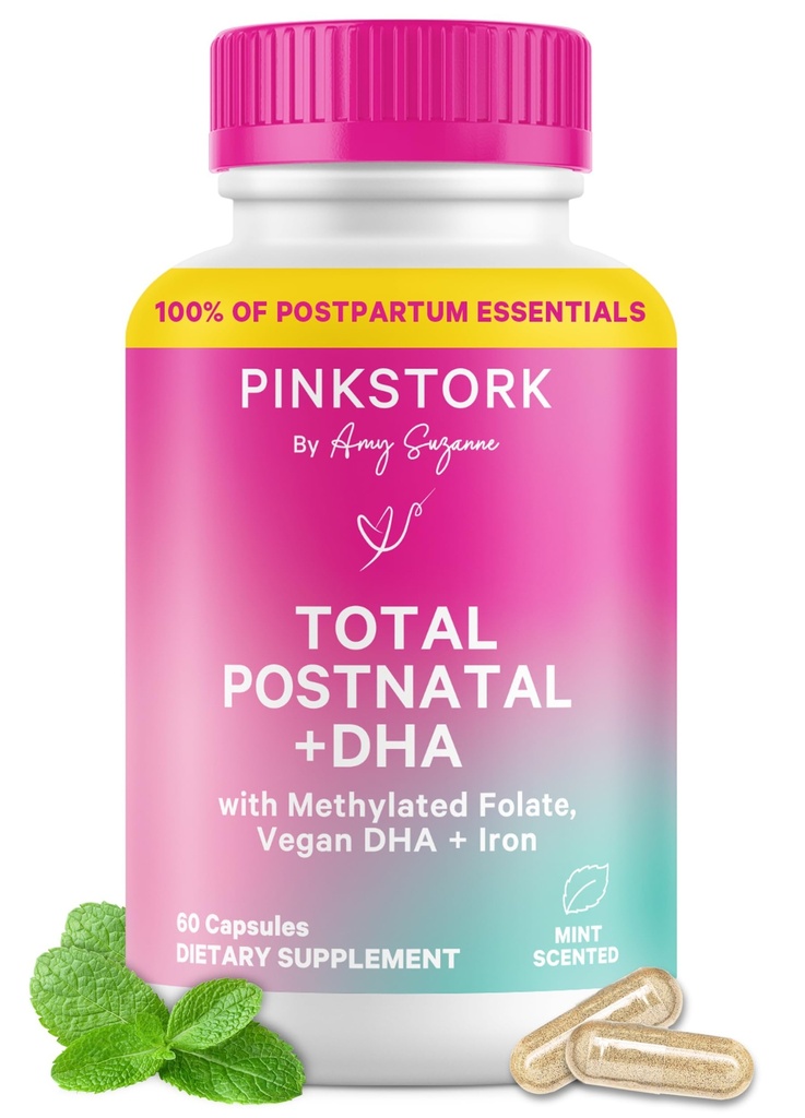 Pink Stork Total Postnatal Vitamins för kvinnor | Vegan DHA, Methylated Folate, Iron, + Vitamin B12 | Postpartum Recovery Essentials + Breastfeeding Support | Mint, 1-månaders leverans