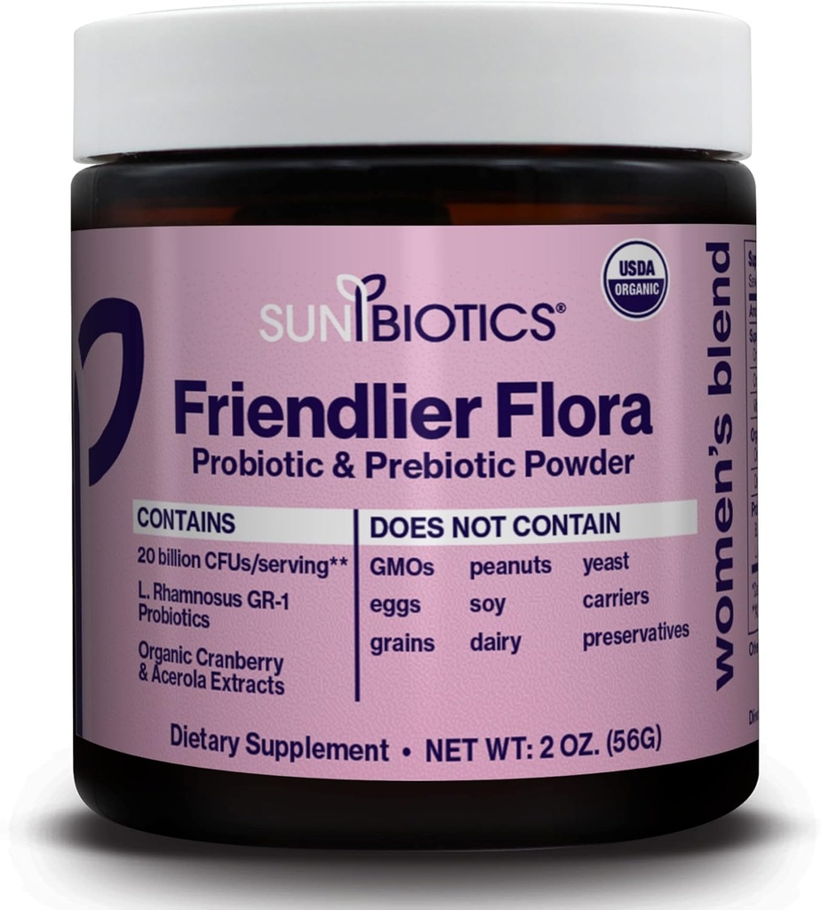 SUNBIOTICS Friendlier Flora - Kvinnors Blend, 20 miljarder CFUs av 6 Probiotiska stammar, kvinnors dagliga Digestive Vaginal & Immune Health, icke-GMO och Gluten Free, 2 Ounce