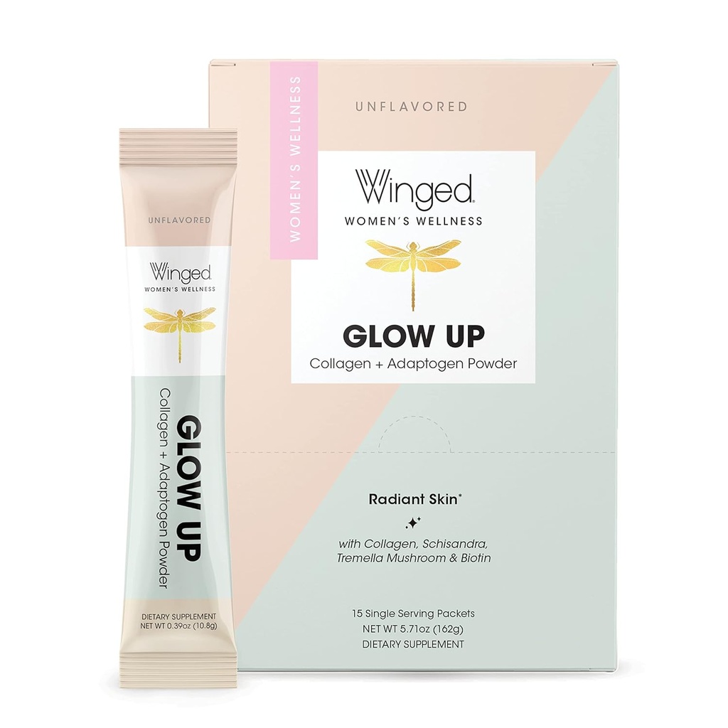 Winged Glow Up Collagen Powder | Bättre hår, hud, naglar för kvinnor | Grass Fed Collagen Peptides W / Adaptogen Schisandra, Snow Mushroom, Vitamin C & Biotin | Unflavored, Non Gmo, 15 Count