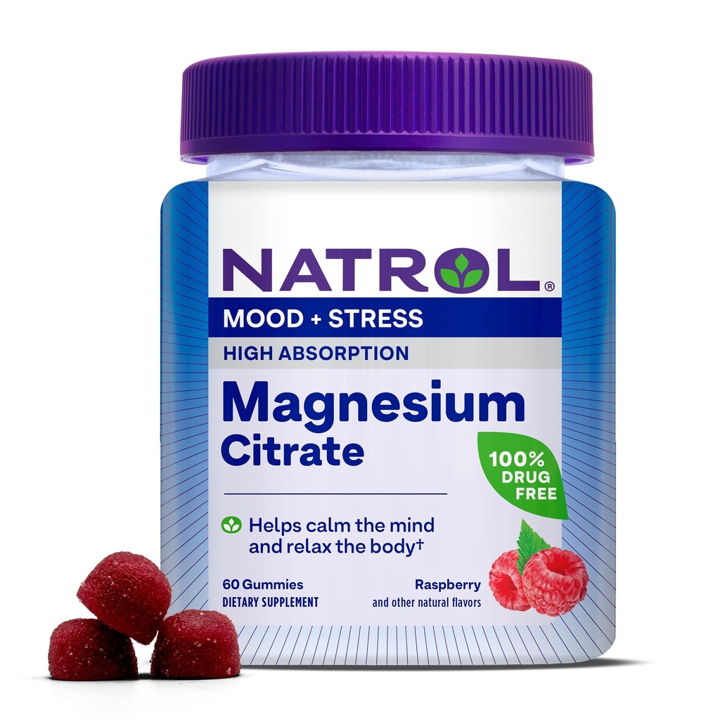 Natrol Magnesium Citrate, korkea imeytyminen Magnesium täydentää mielialan ja stressin, auttaa rauhoittaa mielen ja rentoutua kehon, 60 Vadelma-Flavored Gummies, jopa 30 päivän tarjonta