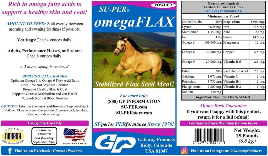 SU-PER OmegaFLAX Pellava hevosille - Premium Stabilized Pellava Seed Aal & Omega 3 täydennysosa - Tukee Terve iho & takki - 15 punta