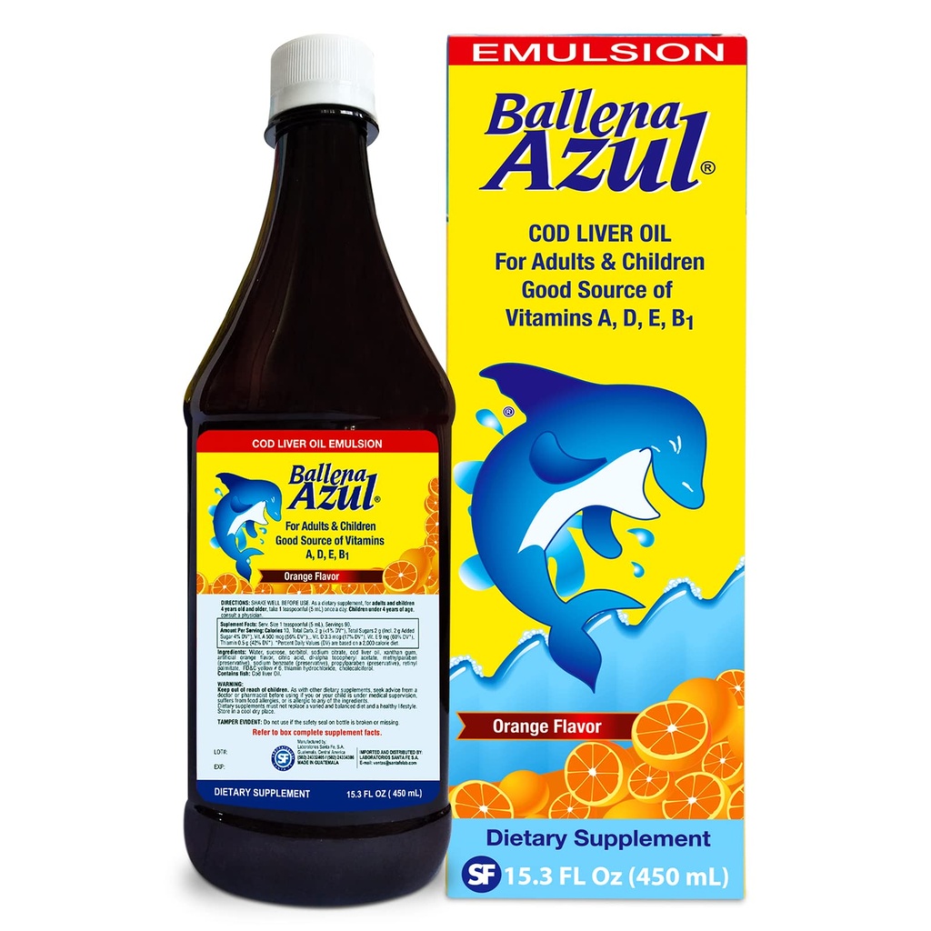 Ballena Azul Aceite de Hígado de Bacalao para Adultos y Niños, COD Maksaöljy aikuisille ja lapsille, Hyvä lähde vitamiinit A, D, E, B1, ravintolisä, Omega 3, Inmune System Boost (ORANGE 15 OZ)
