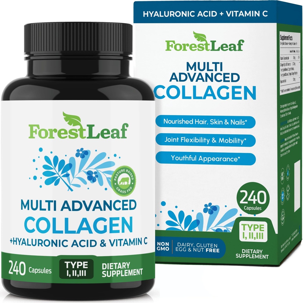 ForestLeaf Multi Collagen Pills - Collagen Män & Collagen Kvinnor - Hydrolyserade Kollagentillskott med vitamin C & Hyaluronsyra - Kollagenkapslar för hår, hud och naglar (240 Peptide kapslar)