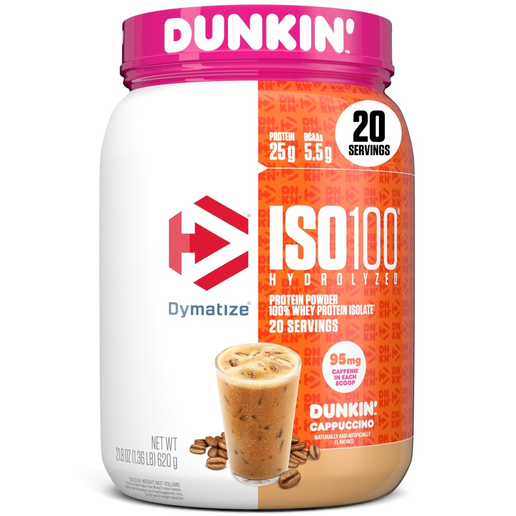 Dymatize x Dunkin' Cappuccino ISO100 Whey Protein Powder, 95mg Kofeiini, 25g Protein5.5g BCAAs, 120 Cal., Gluteeniton, 1g rasvaa, 1g sokeria, 2g Carb (20 tarjoilua)