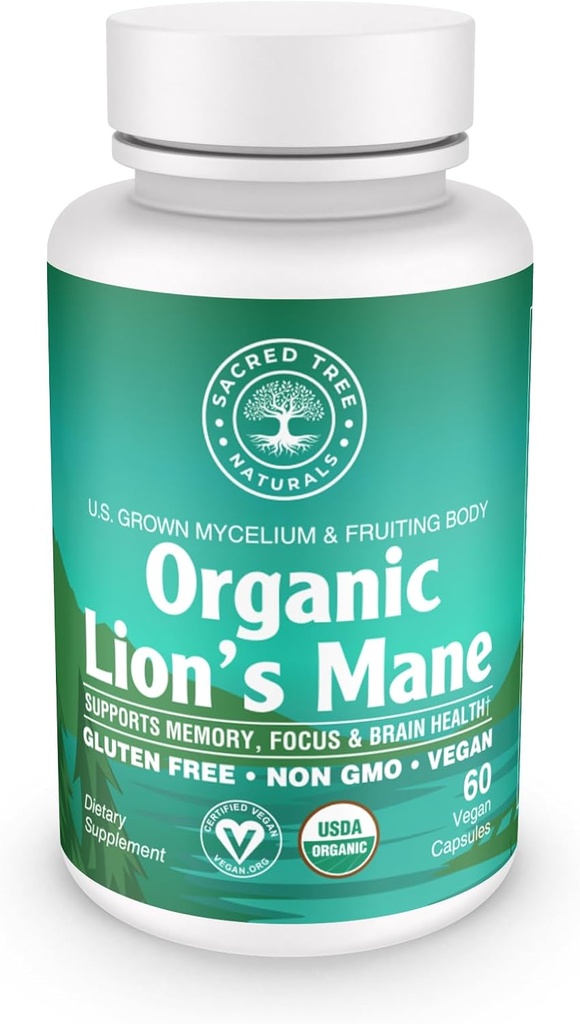 Organic Lion's Mane Mushroom Capsules - 1000 mg High Potency - Brain Boost, Focus & Immuuni tuki - ei-GMO, Vegan, 60 Count