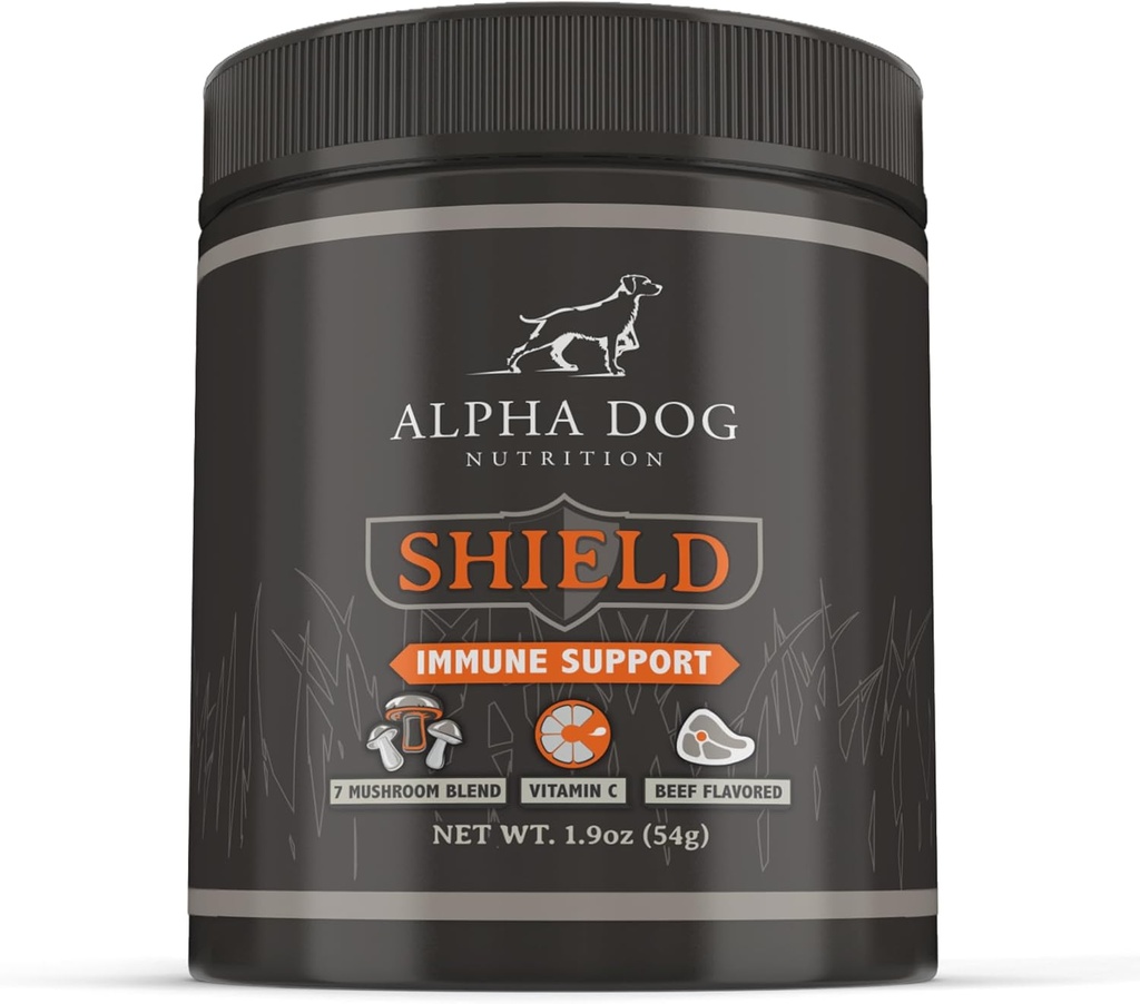 Shield Allergia Immunosupport Supplement koirille Alpha Dog Nutrition - 7 Nutritional Mushroom Powder Complex + C-vitamiini Boost Immuniteetti - jopa 60 Tarjoiluja pienille koirille, 54g