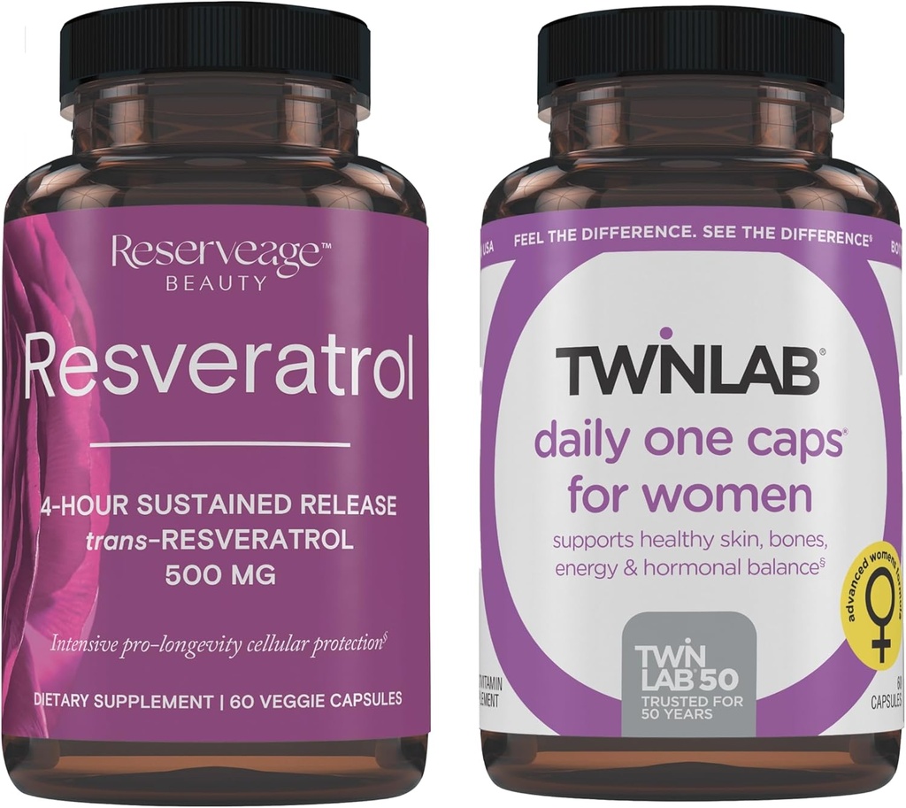 Reservation Beauty Resveratrol 500 mg - Sustained-Release Trans-Resveratrol - Vegan Antioxidant Supplement för hjärn- och hjärthälsa 60 kapslar och Twinlab TWL Women's Daily One 60 ct