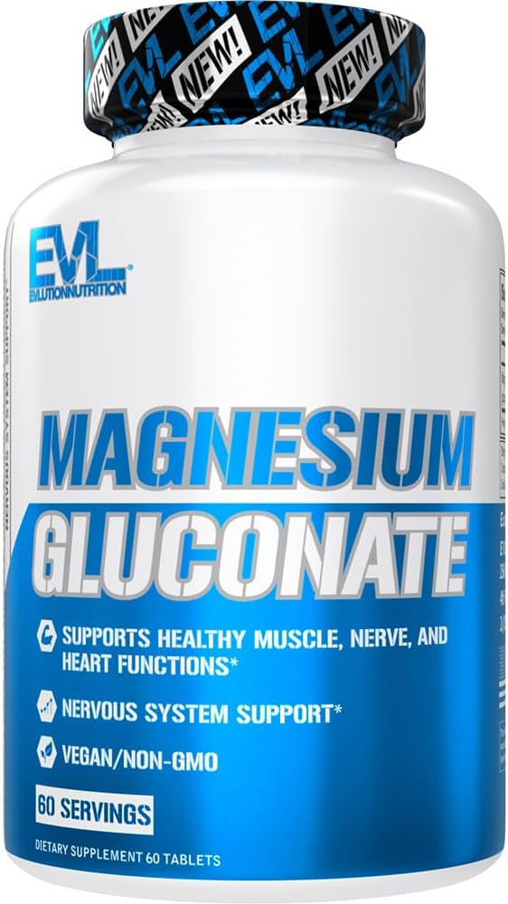 Evlution Nutrition Magnesium Gluconate - Muscle + Nerve + Heart Health Supplement - Nervous System Support - Vegan & Non-GMO - 60 portioner