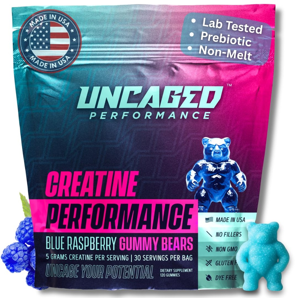 Kreatiini Monohydraatti Gummies 5G - herkullinen sininen vadelma maku, Max Strength lihasten kasvua, nopea absorbing miesten ja naisten - Premium Kaikki luonnolliset, Lab testattu - 30 Tarjoilut