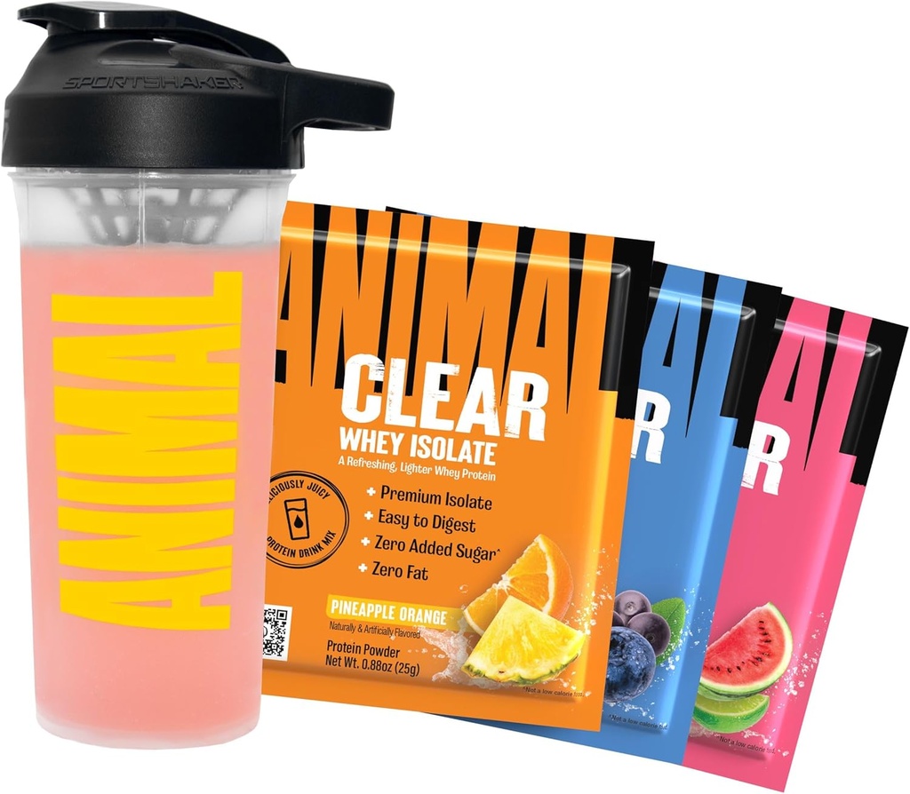 Animal Clear Whey Protein Isolate Sampler Pack & Shaker Bottle - Herkullisesti Juicy 20g Protein, Watermelon Limeade, Mustikka Acai, Ananas Orange, 3 Single-Serving Packets