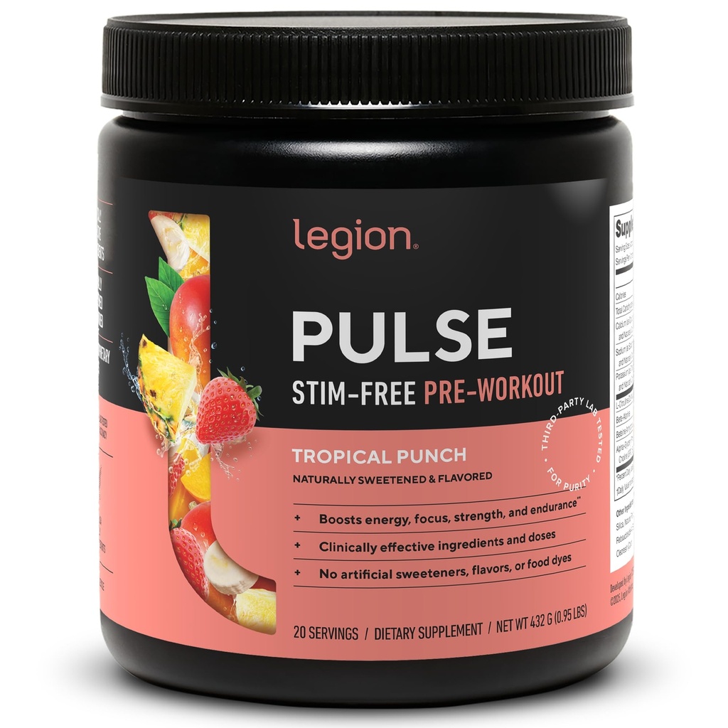 LEGION Pulse Pre Treenout täydentää - Kaikki luonnon typpioksidia Preworkout Drink Boost Energy, Creatiini ilmaiseksi, luonnollisesti makeutettu, Beta Alanine, Citroline, Alpha GPC (kofeiiniton trooppinen punch)