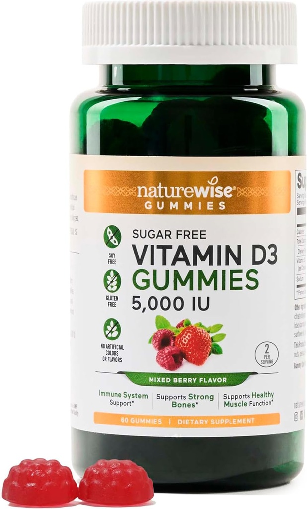 NatureWise-vitamiini D3 5000 IU Gummies - Sokeriton mixed Marja maku - D-vitamiini Gummies aikuisille, tukee immuniteetit, lihas- ja luun vahvuus - Liivate-vapaa, ei-GMO- 60 Gummies[1-Kuukauden tarjonta]