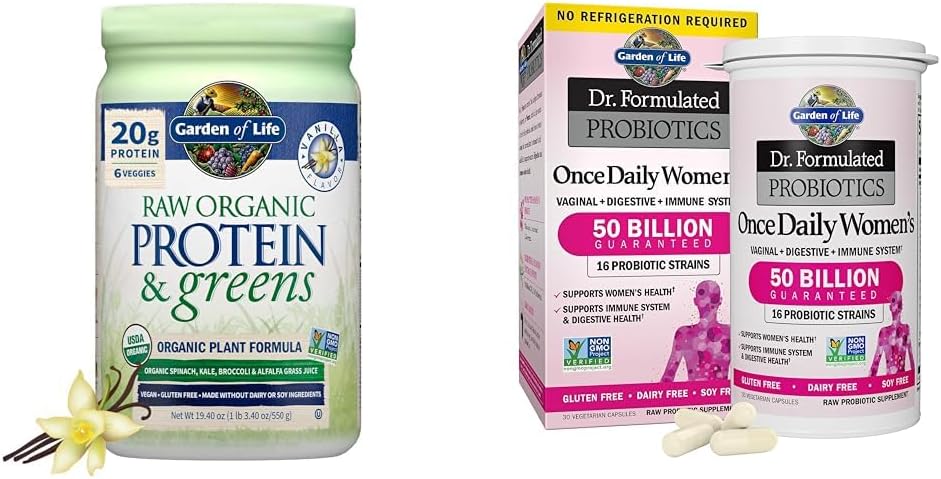 Garden of Life Raw Organic Protein & Greens Vanilla - Vegaaniproteiinijauhe naisille & Dr. Formuloitu naisten probiootit Kerran päivässä, 16 kanta, 50 miljardia, 30 kreivi