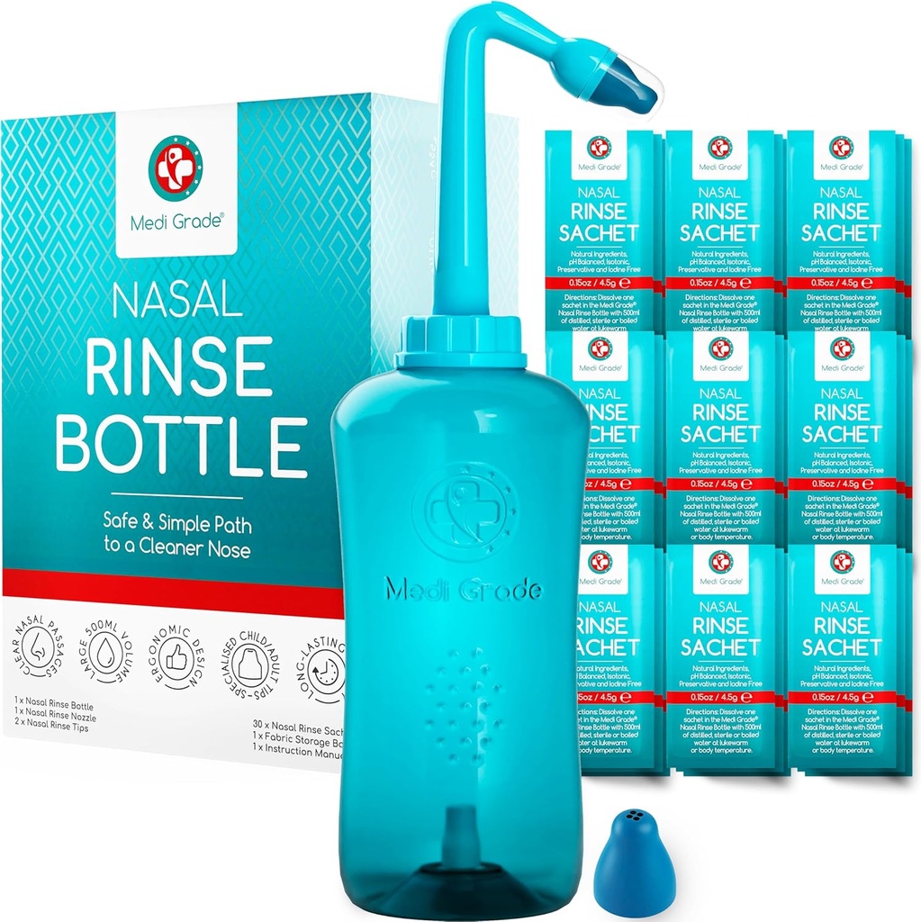 Medi Grade Sinus huuhtelupullo, 500 ml 30 Sinus huuhtelupakkaus - Täydellinen nenän kastelujärjestelmä - Neti Pot nenäliinan puhdistus - Nessal Wash Kit kotiin tai matkustaa - 2 nenä huuhdella vinkkejä ja säilytyspussi