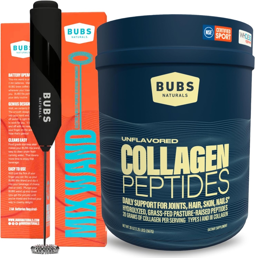 BUBS Naturals Collagen Peptides Powder & Mixing Wand Bundle, Collagen for Women & Men, Hydrolysed Peptides, Unmarioused pastöroitu Grass Fed, Keto Friendly, 20 oz Collagen Tub (28 tarjoilua) +1