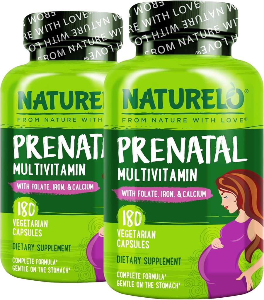 NATURELO Prenatal Multivitamin med Gentle Chelated Iron, Methyl Folate, Plant Calcium & Choline - Vegan, Vegetarian - Non-GMO - Gluten Free - 180 kapslar - 4 månaders leverans (Pack of 2)