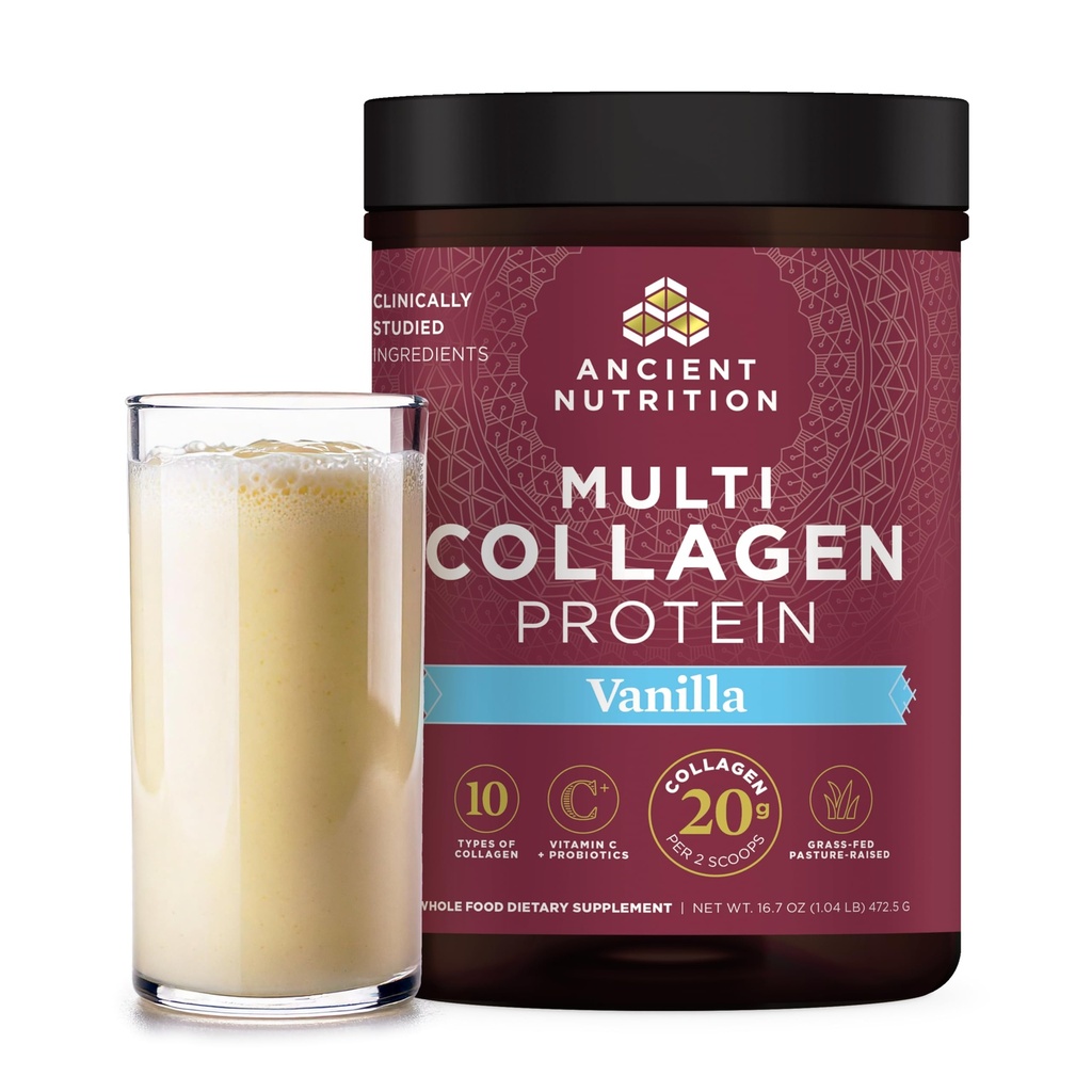 Ancient Nutrition Collagen Peptides Powder, Multi Collagen Protein, Naiset ja miehet, C-vitamiini, Probiootit, Hydrolysoitu Collagen, Tukee ihoa, nivelet, Gut Health, Vanilja, 45 Tarjoilu