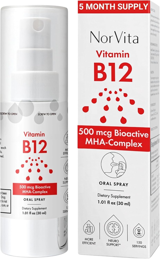 B12-vitamiini Spray 500 mikrog (150 annosta) - nopea imeytyminen MHA-kompleksi (Metyylicobalamiini, Hydroksikobalamiini, adenosyylikobalamiini) - Vegan, ei-GMO, nestemäinen B12-lisäaine