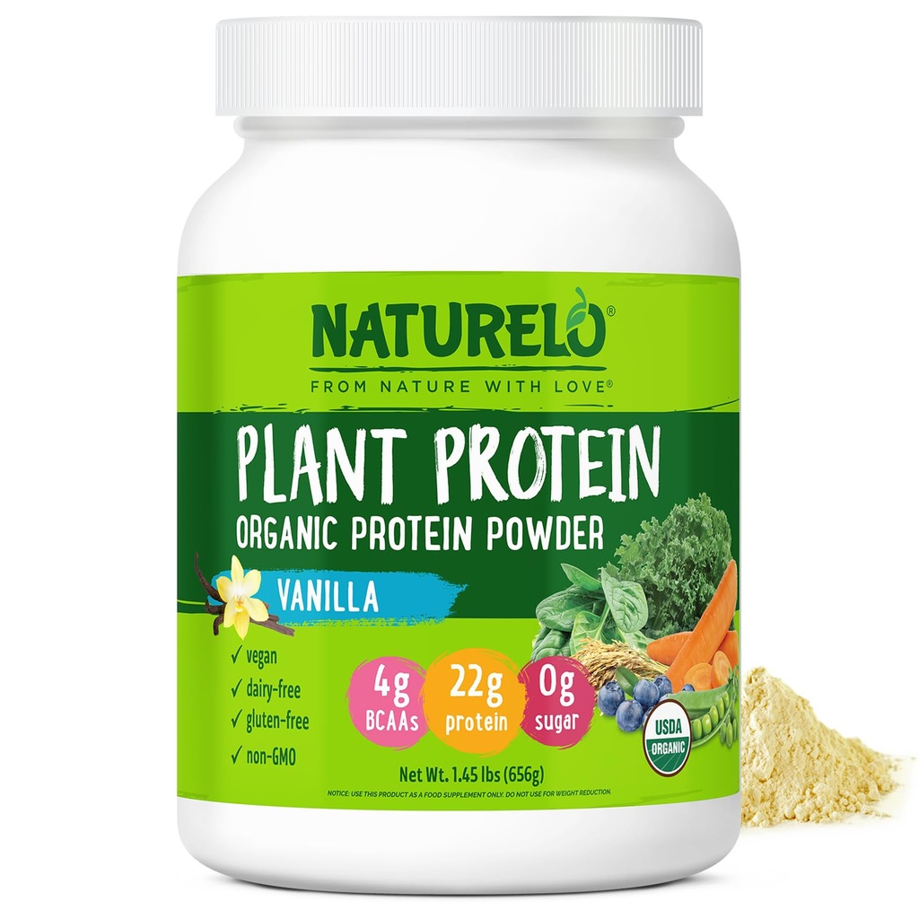 NATURALO Plant Protein Powder, Vanilja, 22g Protein - ei-GMO, Vegan, Ei gluteenia, Meijeri, tai soija - Ei keinotekoisia makuja, synteettinen väritys, säilöntäaineet, tai lisäaineet - 20 tarjoilut