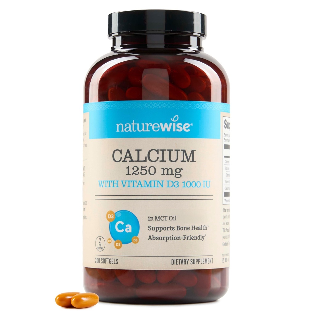 NatureWise High-Purity, Kaikki luonnolliset kalsium 1250mg + D3-vitamiini 1000IU + Luomu MCT Kookosöljy - Raskausturvallinen + ei-muuntogeeniset - Imeytyminen Ystävällinen, Gluteeniton - 200 Softgels[100-päivä toimitus]
