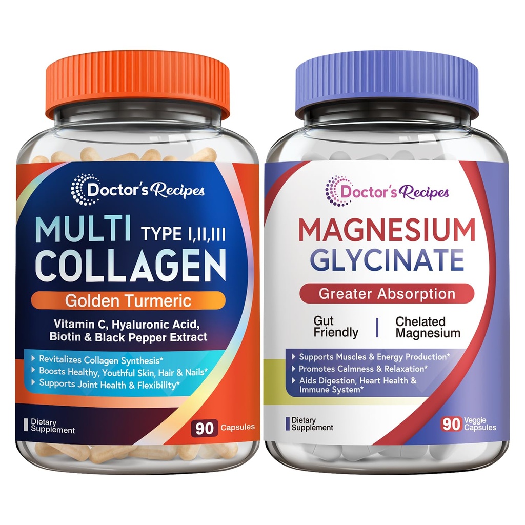 Lääkärin reseptit Multi Collagen Complex & Magnesium Glycinate Bundle, koko kehon nuorentaminen, rentoutuminen ja helpotus, kollageenikapselit 90 ct & Magnesiumkapselit 90 lla