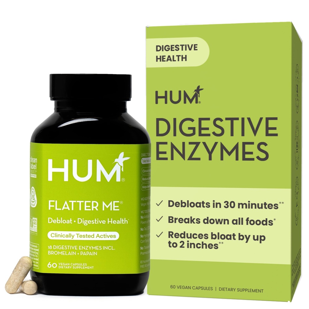 HUM Flatter Me Digestive Enzymes for Women & Men, Digestive Health Bloating Supplement med Ginger & Peppermint Leaf, Fast Acting Anti Bloat Pills Multi Enzyme för Debloating, Vegan, 60 Capsules