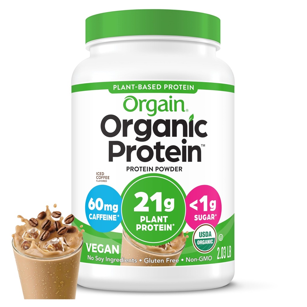 Orgain Organic Vegan Protein Powder, Iced Coffee - 21g Plant Protein, 60mg koffein, Low Net Carb, No Lactose Ingredients, No Added Sugar, Non-GMO, För Shakes & Smoothies, 2,03 lb