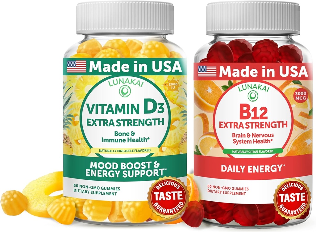 Lunakai Vitamin D3 och vitamin B12 Gummies Bundle - Immunity, Bone and Mood Support VIT D3 2000IU Supplement - 3000mcg Methylcobalamin High Absorption Energy Gummy - 30 Days Supply