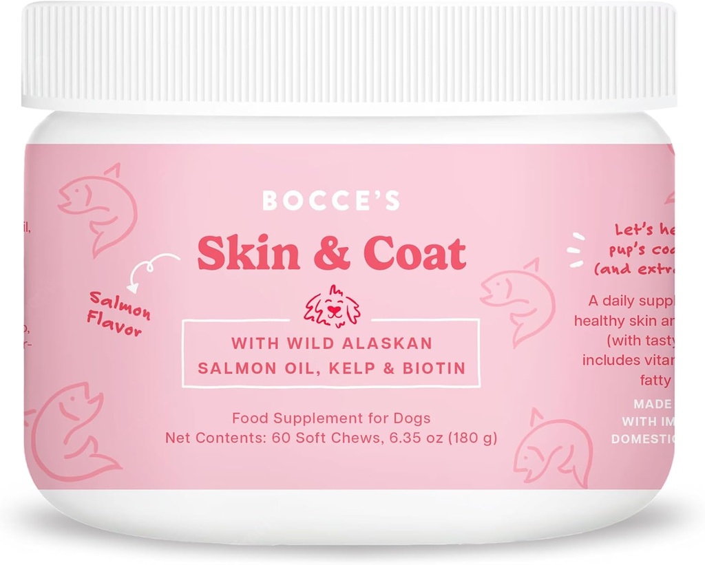 Bocce's Bakery Skin & Coat Supplement for Dogs, Daily Chews Made in the USA with Vitamiini E & Essential Favoth Acids, Tukee Terve iho & takki, Lohi, 60 t, punainen (DG-SP-SKIN60)