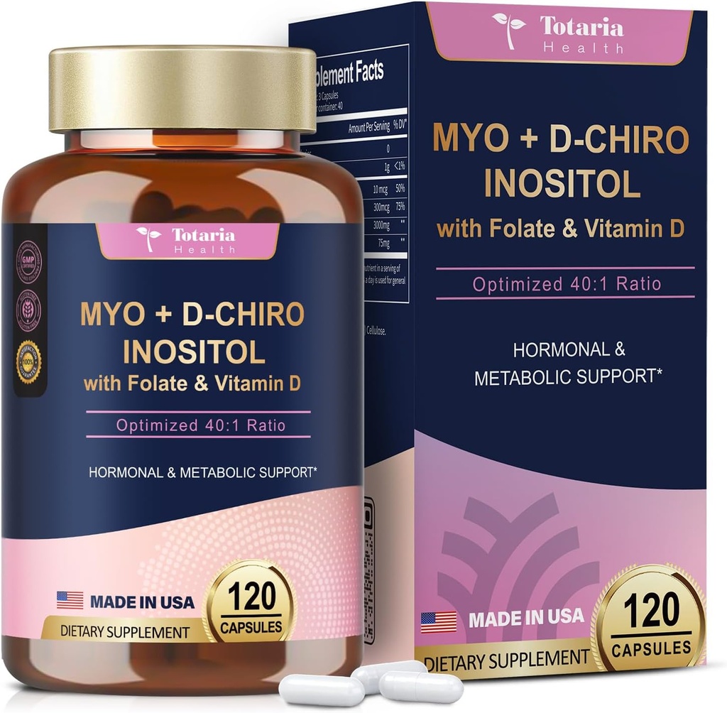 Totaria Inositol Supplement - 3075mg Myo-Inositol & D-Chiro Inositol Capules Plus D3-vitamiini, Folaatti, Ihanteellinen 40:1 suhde - Hormonaalinen tasapaino naisille & munasarja* Tuki Vegaani, Ei GMO - 120 Caps