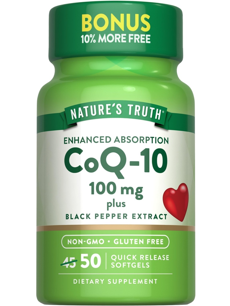 Naturens sanning Q10 100mg | 50 Softgels | Plus Black Pepper Extract | Non-GMO och Gluten Free Supplement