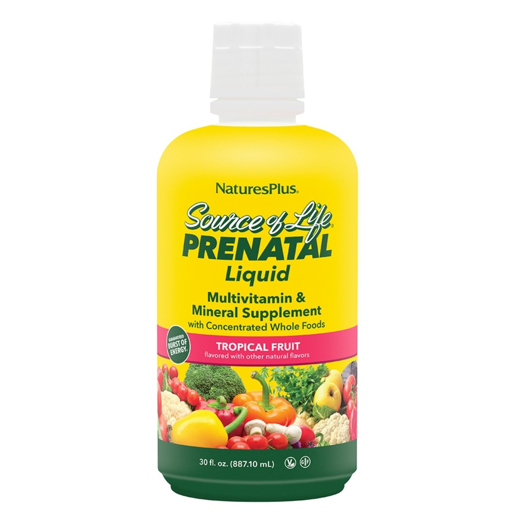 Natures Plus Life Prenatal Liquid, Trooppiset hedelmät - 30 fl oz - Multivitamiini & Mineral Supplement - Ravitsemustuki raskauden aikana - Gluteeniton, kasvissyöjä - 30 tarjoilua
