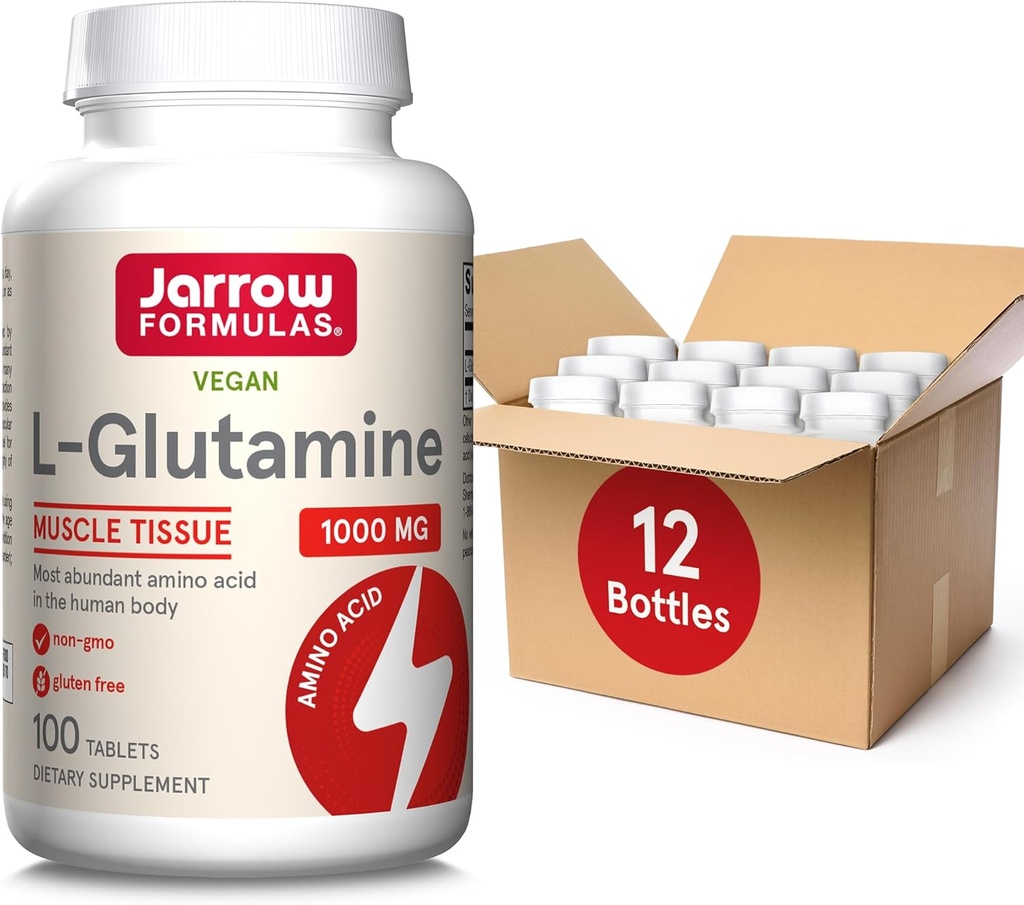 Jarow Formula L-glutamiini 1000 mg, Ravintolisä lihaskudosta, monitoiminen Aminohappo, Immuuni tuki, 100 Easy-Solv tablettia, 50-100 päivän tarjonta, pakkaus 12
