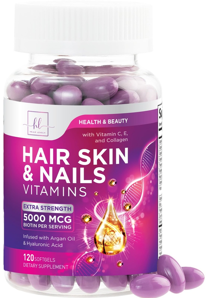 Hiukset, iho & kynnet vitamiinit naisille - Biotiini 5000 mcg tukemaan hiusten kasvua Argan Oil, Kollageeni & Hyaluronic Acid, Kaunis, Vahvempi iho, Hiukset & kynnet Vitamiini täydentää - 120 Softgels