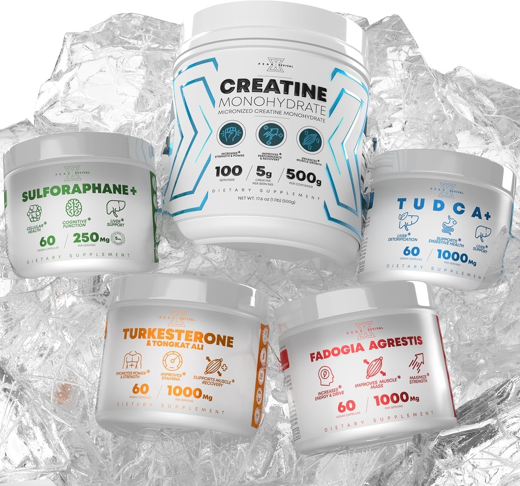 Bundle - Turkesterone & Tongkat Ali + Fadogia Agrestis + Creatiini + Sulforaphane + TUDCA - Boost Stamina, lihasten kasvu, maksan terveys, kognitiivinen toiminta & Detox - Valmistettu USA