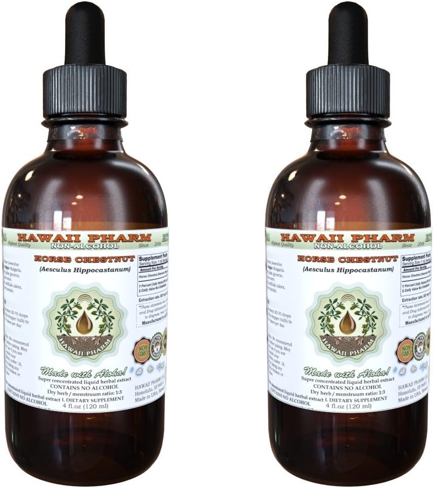 Hevonen Kastanja alkoholiton nesteuute, orgaaninen hevonen Kastanja (Aesculus hippocastanum) Kuivattu pähkinöitä Glycerite Havaiji Pharm Natural Herbal Supplement 2x4 oz