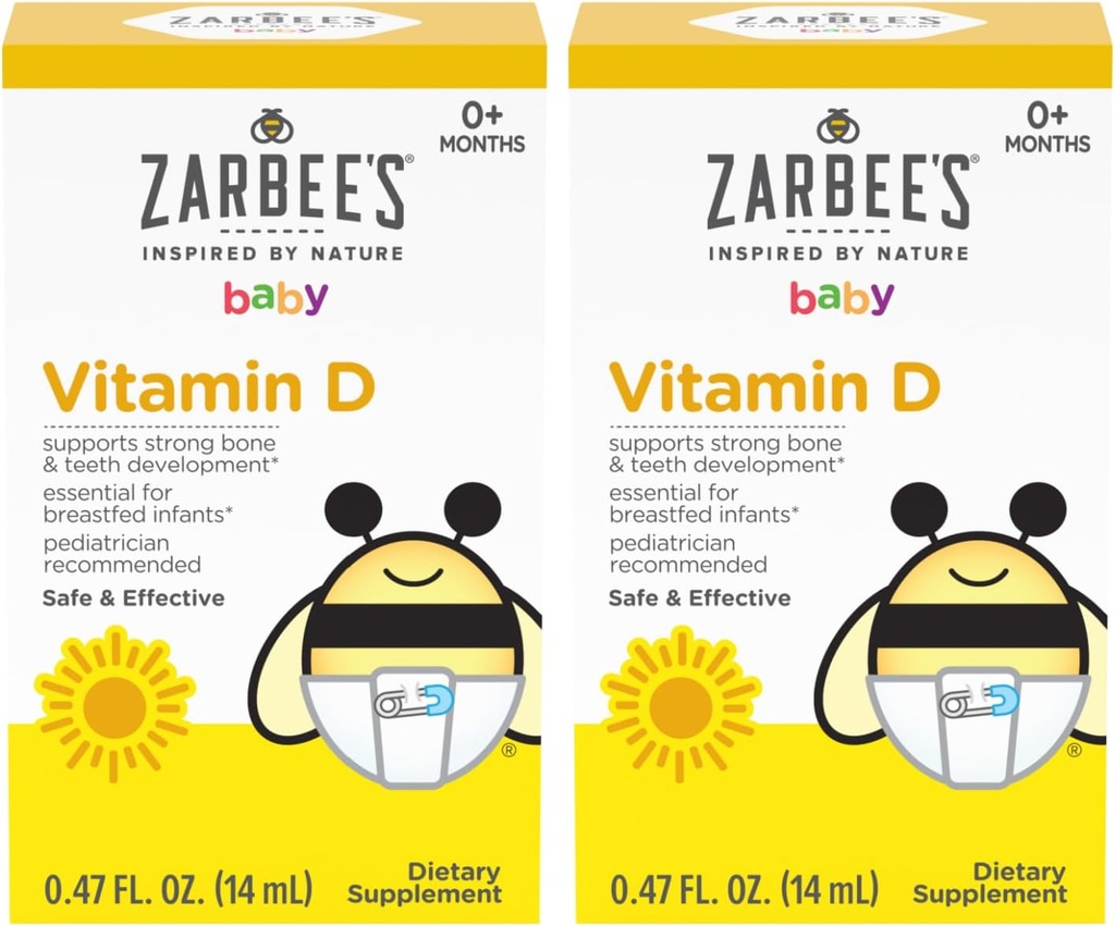 Zarbees D-vitamindroppar för spädbarn, 400IU (10mcg) Baby & Toddler Liquid Supplement, Newborn & Up, Dropper Syringe Inkluderad, Pack på 2 0,47 Fl Oz Bottles