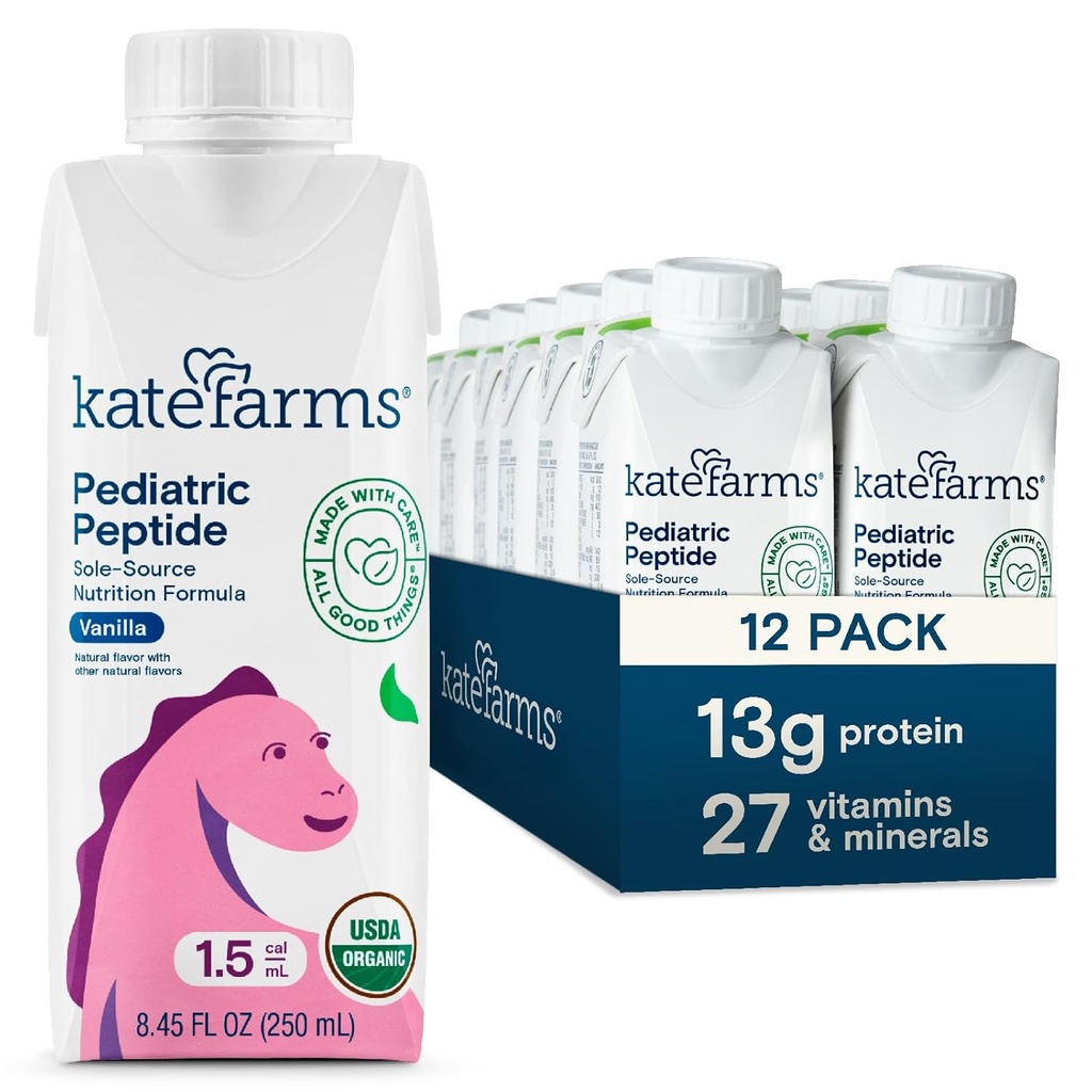 KATE FARMS Organic Pediatric Peptide 1.5 Formel, Vanilla, Sole-Source Hydrolyzed Plant-Based Nutrition för Oral eller Tube Feeding, 8.45 oz (12 pack)
