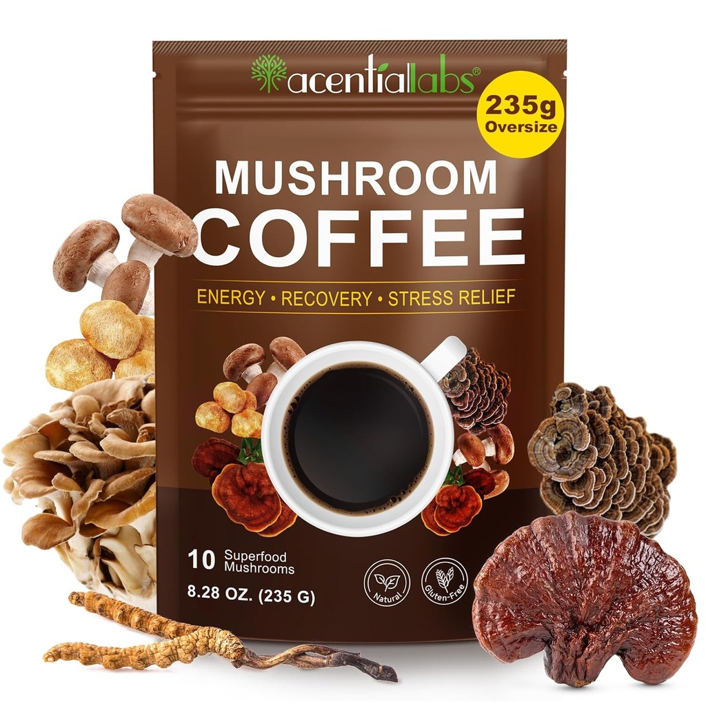 Sienikahvi (235g Supersize), 10 Superfood-sientä Sekoitus energiaan, Recovery & Focus, Organic Instant Coffee Powder with Lion