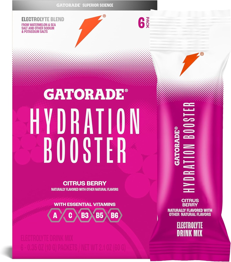 Gatorade Hydration Booster Electrolyte Drink Mix Powder Packets, Citrus Berry, Advanced Electrolyte Blend, Ei lisätty värejä, Ei keinotekoisia makeuttajia, Essential Vitamiinit A, C, B3, B5, B6, tekee 20 Fl Oz, (6 pakkaus)