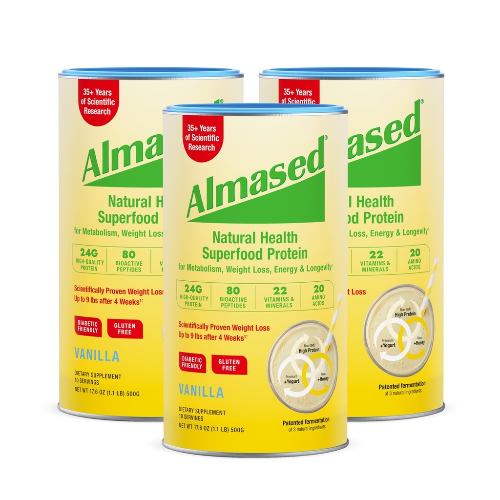 Almased Vanilla Meal Replacement Shake - Matala-Glycemic High Plant Base Protein Powder- Nutritional Weight Health Support Supplement - Vanilla Flavor - 17,6 oz (1,1 punta (3 pakkaus))