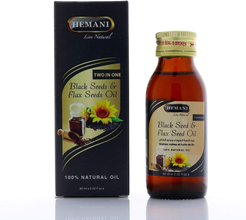Hemani Cold-Pressed Black Seed och Flax Seed Oil Blend 60ml- Gluten-Free, Non-GMO, High in Omega 3, 6, & 9, stöder gemensam, hjärna och hjärtfunktion