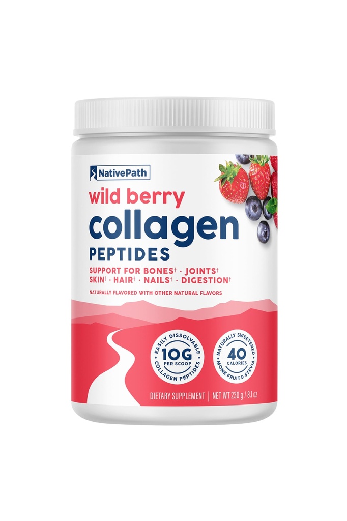 NativePath Collagen Peptides - Hydrolysoitu tyyppi 1 & 3 Collagen. Keto & Paleo Grass-Fed proteiinijauhe hiuksille, iholle, kynsille, luut, nivelet, digestio ja enemmän - Ei gluteenia tai meijeri (Wild Berry, 230 g)